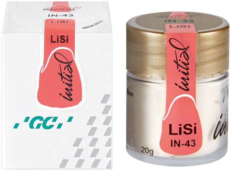 Transparenter Behälter mit GC Initial LiSi INside IN-43 Zahnmaterial.