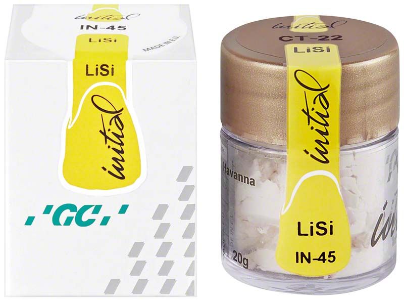 Glasbehälter mit GC Initial LiSi IN-45 Havanna Zahntechnikmaterial.