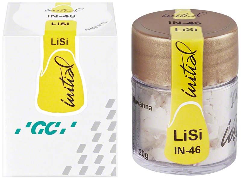 Glasbehälter mit gelbem Deckel und Etikett "LiSi IN-46 Brasil".