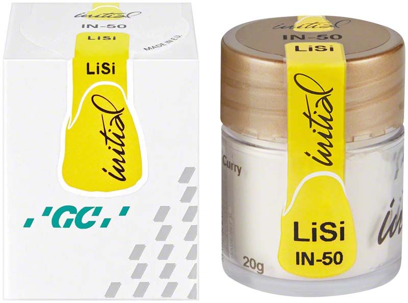 Transparenter Behälter mit Deckel, gelbes Etikett "GC Initial LiSi IN-50 Curry".