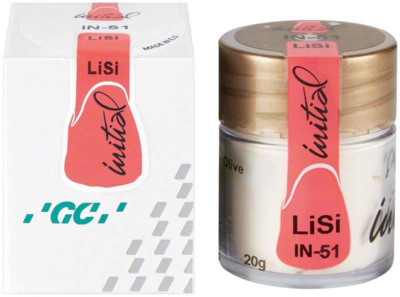 Glasbehälter mit GC Initial LiSi INside IN-51 Olive und Verpackung.