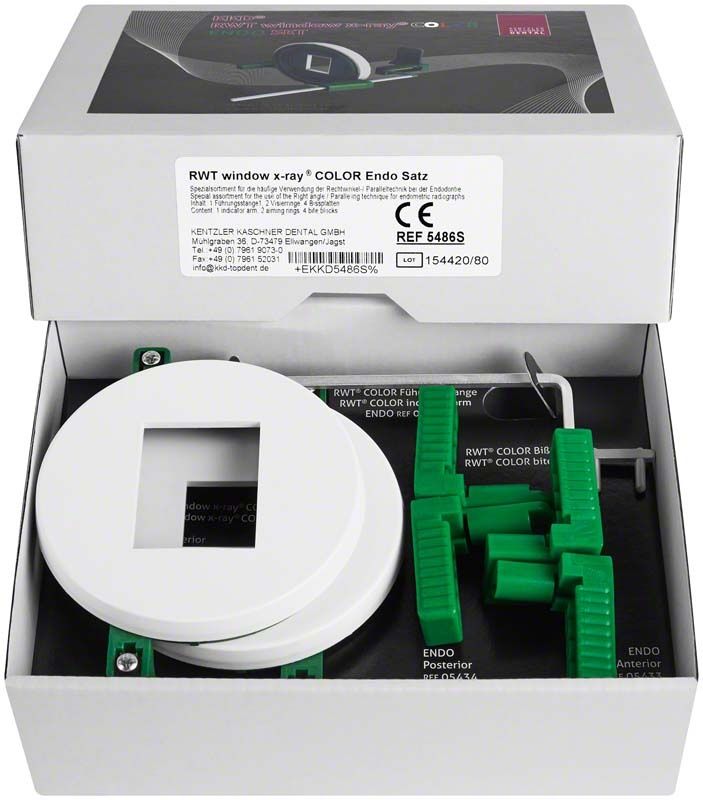 RWT window x-ray® COLOR Endo Satz mit grünen Bissplatten und Visierringen.