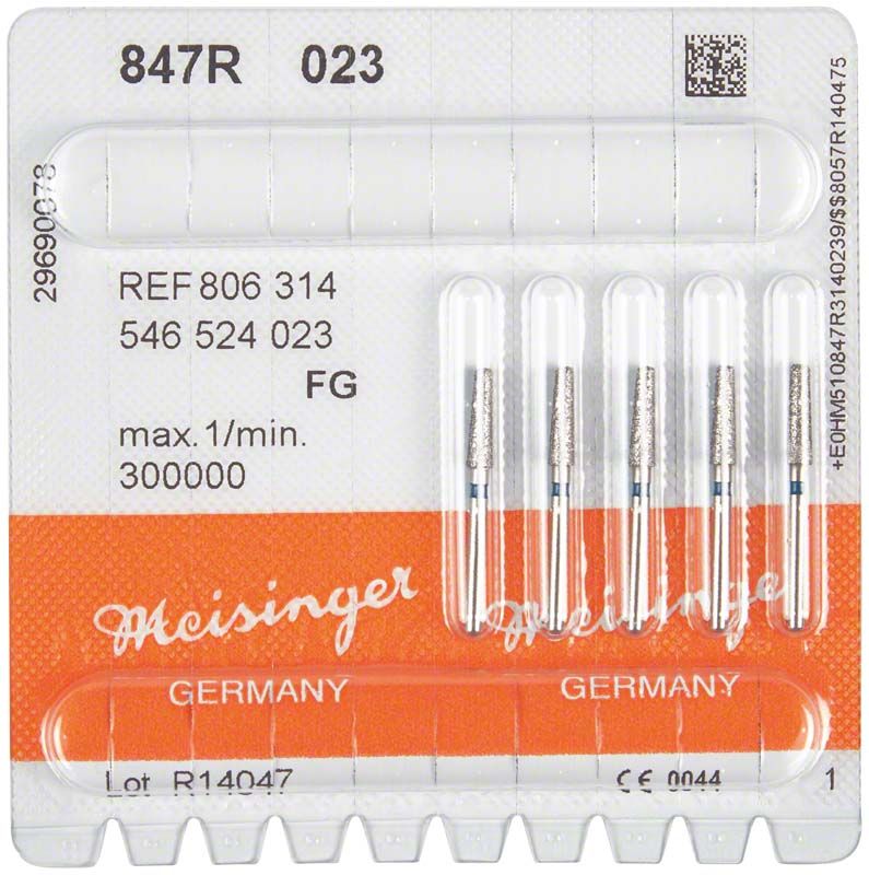 Verpackung von Diamant FG 847R 023 blau mit fünf Dentalbohrern.