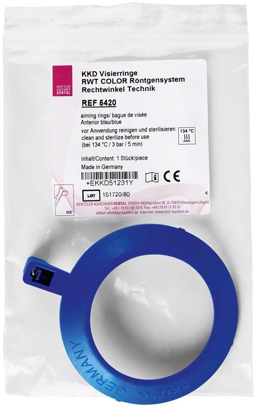 Blauer KKD® Visierring für das RWT® COLOR Röntgensystem in Verpackung.