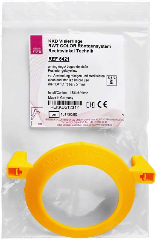 KKD® RWT® COLOR Visierring Posterior in gelber Farbe, verpackt in Klarsichtbeutel.
