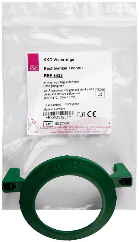 Grüner KKD® RWT® Visierring für Endodontie, verpackt in Plastikbeutel.