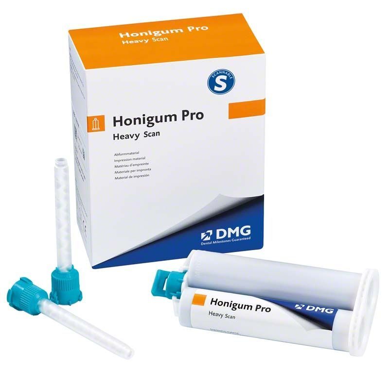 Honigum Pro-Heavy Scan Kartuschen mit Mischdüsen vor Verpackung.