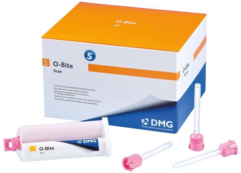 O-Bite Scan Kartuschen 8 x 50ml neben Originalverpackung und Dosieraufsätzen.