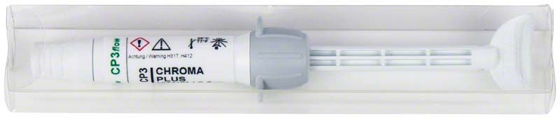 VITA VM® LC flow CHROMA PLUS CP3 in Spritze mit Sicherheitskennzeichnungen.