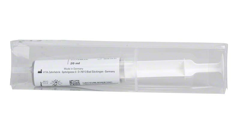 VITA VM® LC GEL in transparenter Verpackung, 20 ml Spritze sichtbar.