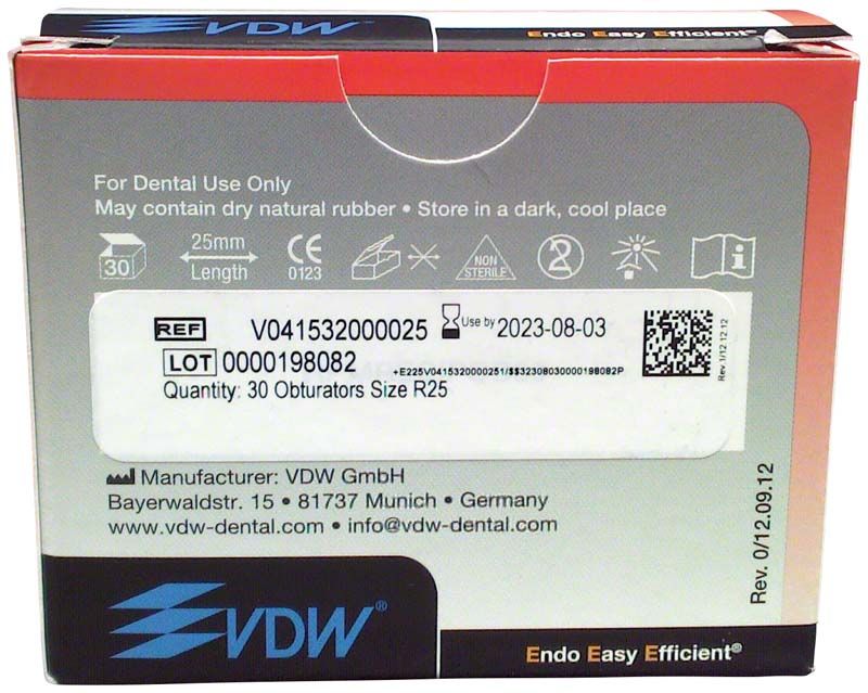 Verpackung der GUTTAFUSION® Obturatoren RECIPROC® R25 mit Herstellerinformationen.