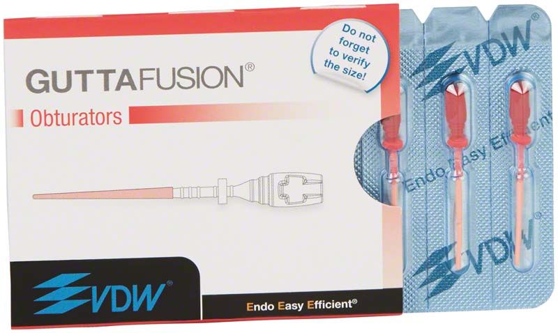 GUTTAFUSION® Obturatoren 6er Packung mit Verpackungsdesign und drei sichtbaren Obturatoren.