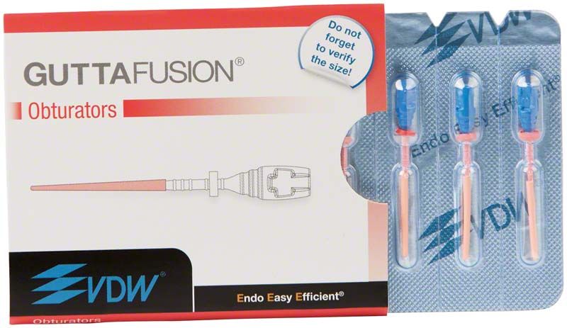 GUTTAFUSION® Obturatoren 6er Packung mit drei sichtbaren Obturatoren in Blisterverpackung.