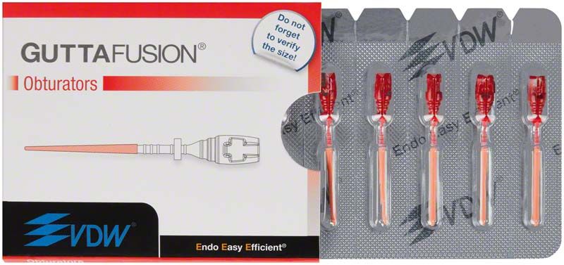 GUTTAFUSION® Obturatoren 6er Packung mit roter Spitze und VDW-Logo.