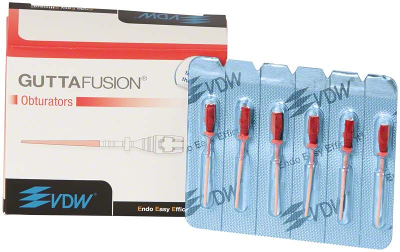 GUTTAFUSION® Obturatoren 30er Packung mit roten Spitzen, VDW-Logo.