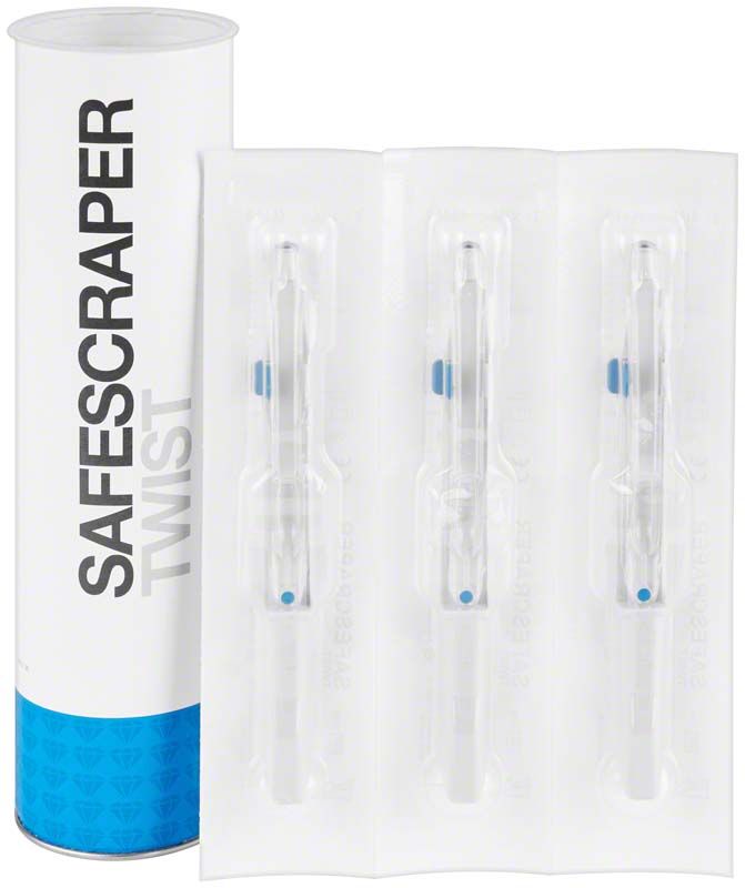 Einweg-Knochensammler Safescraper Twist in Verpackung mit drei Einzelverpackungen.