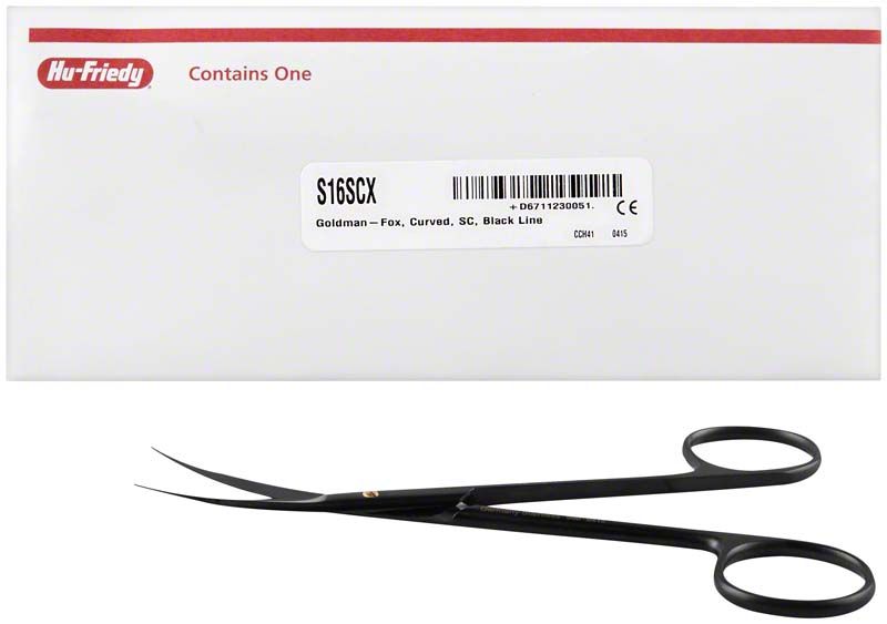 Schwarze gebogene Goldman-Fox Super-Cut Schere neben Produktverpackung.