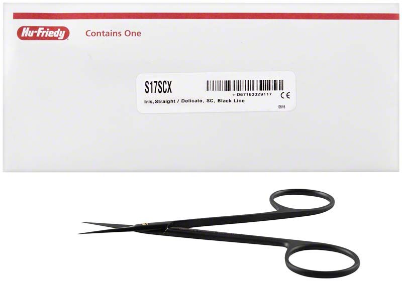 Schwarze, gerade Super-Cut-Iris-Schere vor Verpackung.