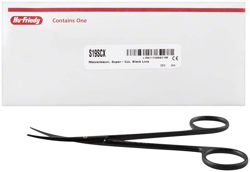 Schwarze Metzenbaum-Schere Super-Cut gebogen vor weißer Verpackung.
