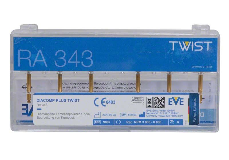 EVE DIACOMP® plus TWIST Set Rad, RA 343 in Kunststoffverpackung mit fünf Polierern.