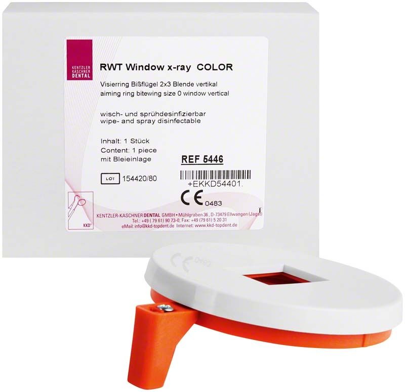 Weiße Verpackung mit RWT window x-ray® COLOR Visierring und oranger Bissflügel.