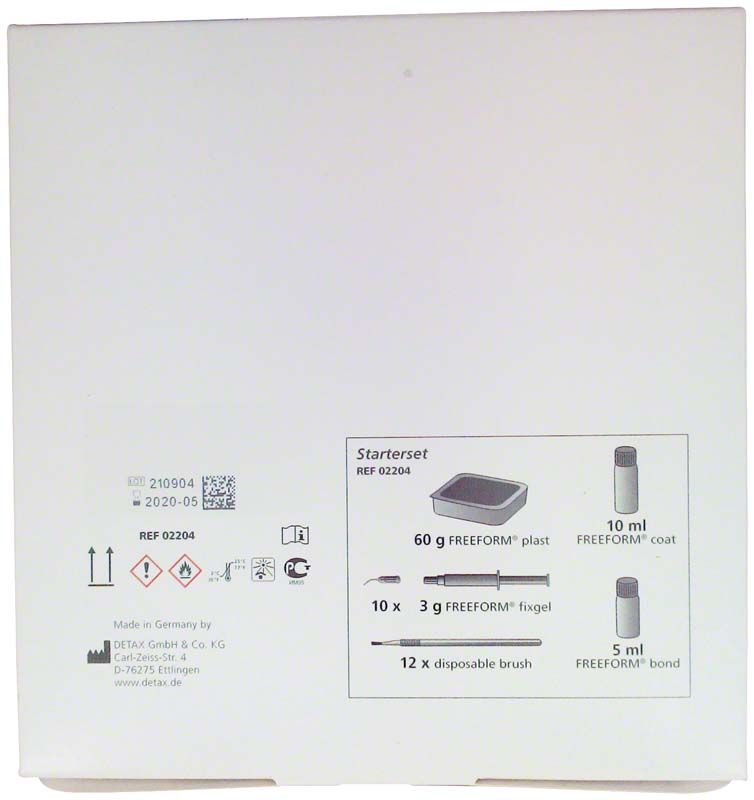 Rückseite der Verpackung des Freeform Starter Kits mit Produktinformationen.