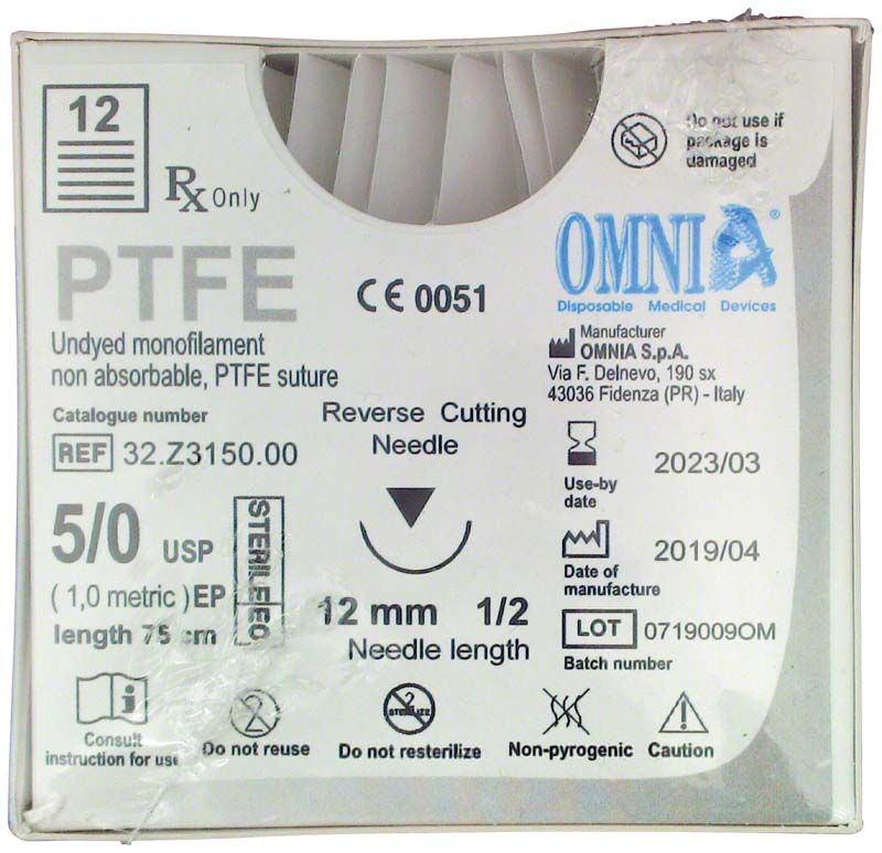 PTFE Nahtmaterial 12 St. 5/0, 1/2 Kreis, 12mm in Verpackung.