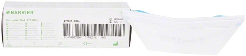 BARRIER® filtrierende Halbmaske in weißer Verpackung mit Barcode.