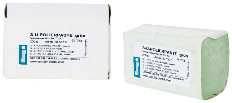 Verpackung der grünen S-U-Polierpaste von Schuler Dental, 200g.