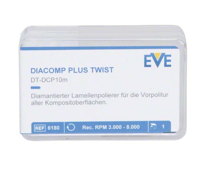 Diamantpolierer EVE DIACOMP® plus TWIST in Kunststoffverpackung mit Produktinformationen.