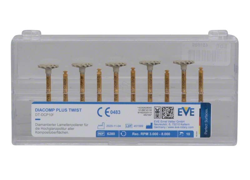 Diamantpolierer EVE DIACOMP® plus TWIST Rad in transparenter Verpackung.