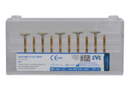 Diamantpolierer EVE DIACOMP® plus TWIST Rad in transparenter Verpackung.