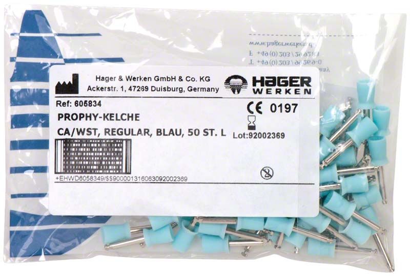 Prophy-Cup Regular RA, blaue Prophylaxekelche in transparenter Verpackung.