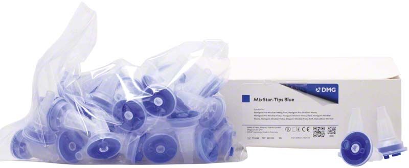 Mischkanülen Mixstar Tips blau im Beutel und Verpackung von Medic-Star.