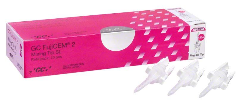 FujiCEM 2 Mixing Tip SL Verpackung mit drei weißen Mischkanülen.