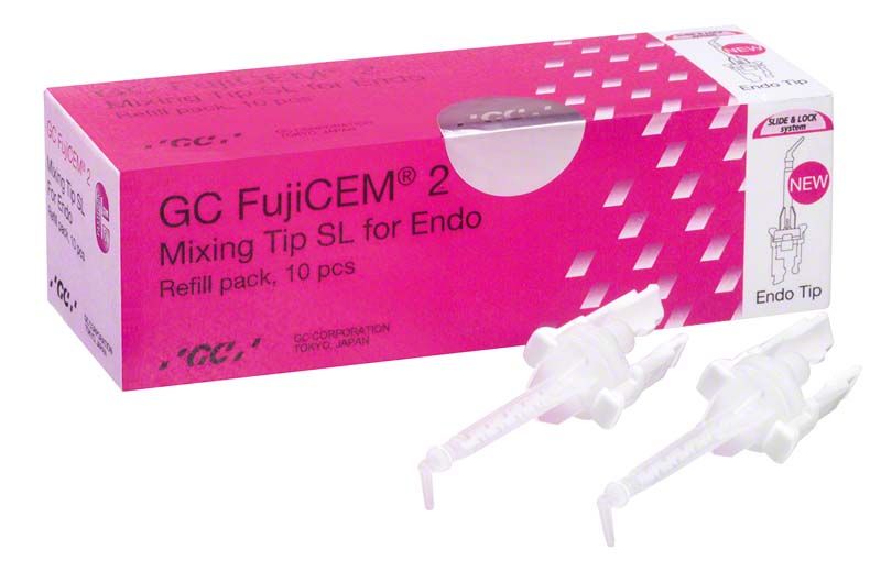FujiCEM 2 Mixing Tips SL in rosa Verpackung mit zwei weißen Mischkanülen.
