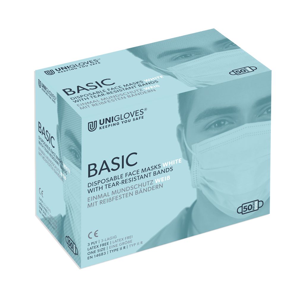 Einmalmundschutz Basic weiß in Produktverpackung mit 50 Stück.