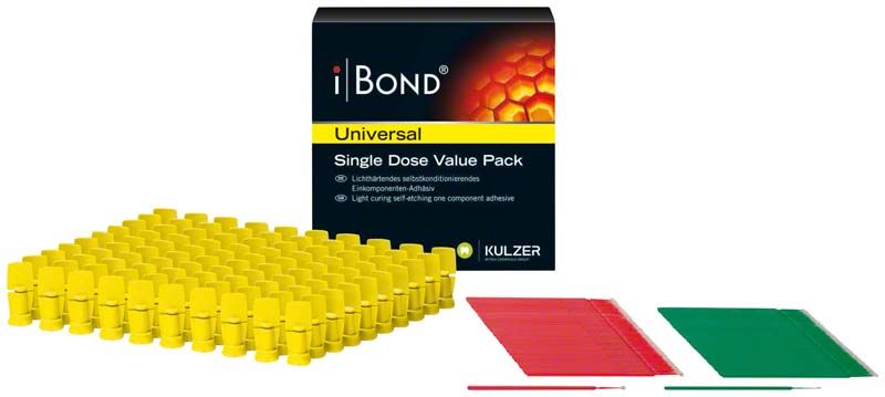 iBond Universal Single Dose Value Pack mit gelben Applikatorkappen und Verpackung.