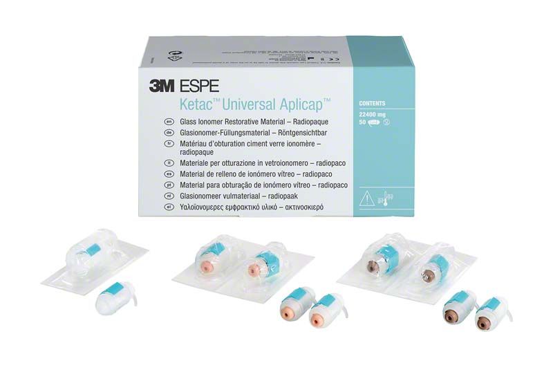 Glasionomer-Füllungsmaterial Ketac™ Universal Aplicap™ mit Verpackung und Einzelkapseln.