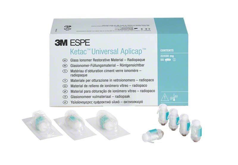Ketac™ Universal Aplicap™ 50er A2 Glasionomer-Füllungsmaterial mit Verpackung und Kapseln.