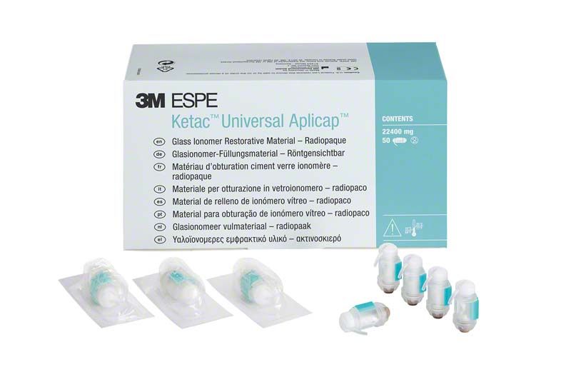 Ketac™ Universal Aplicap™ 50er A3 Glasionomer-Füllungsmaterial mit Verpackung und Kapseln.