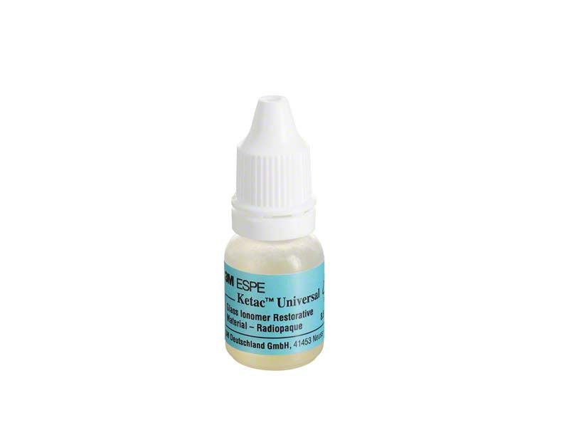 Ketac™ Universal Handmix Flüssigkeit in einer kleinen Tropfflasche mit blauem Etikett.