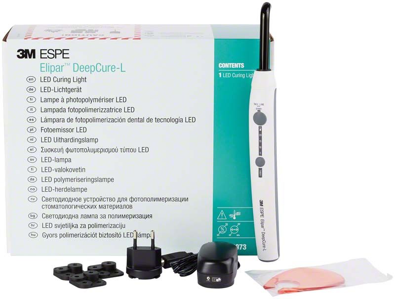 Elipar Deep Cure-L LED-Polymerisationslampe mit Zubehör und Verpackung.