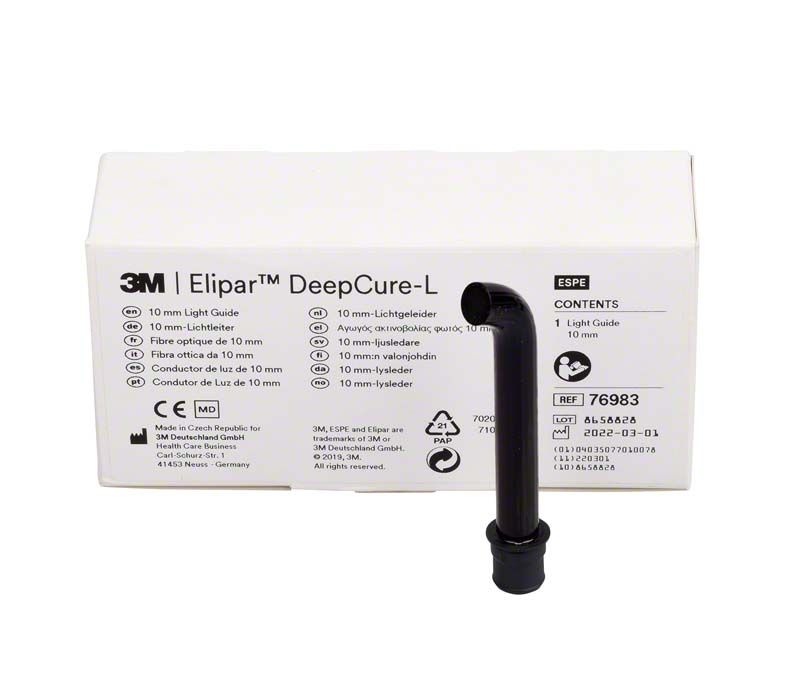 Elipar™ DeepCure-L Lichtleiter mit Verpackung im Hintergrund.