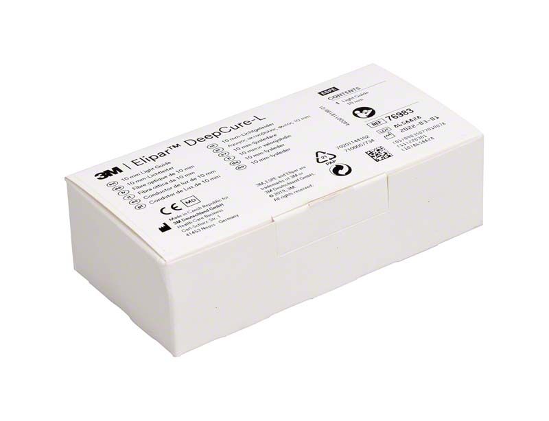 Weiße Verpackung des Elipar™ DeepCure-L Lichtleiters mit Produktspezifikationen.