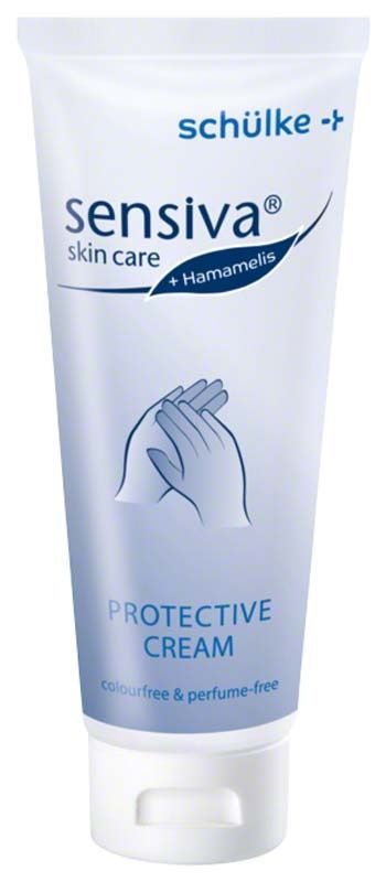 Sensiva Schutzcreme-Tube mit Aufschrift und Handillustration.