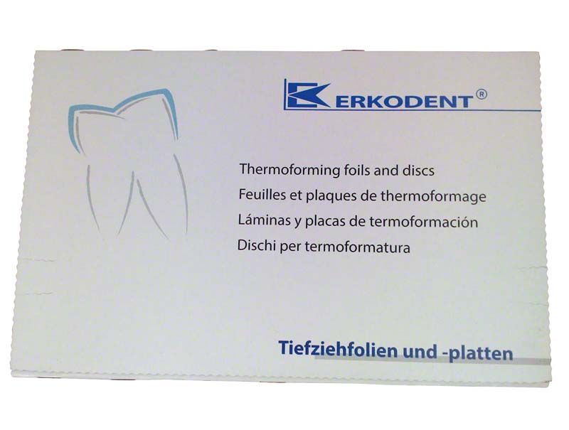 Erkodent Verpackung für Tiefziehfolien mit Zahn-Symbol und Mehrsprachigkeit.