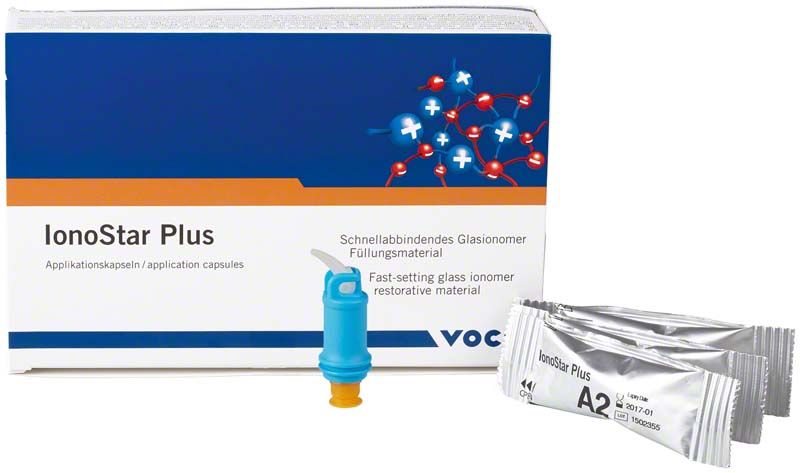 IonoStar Plus A2 Glasionomer-Füllungsmaterial mit Verpackung und Applikationskapseln.