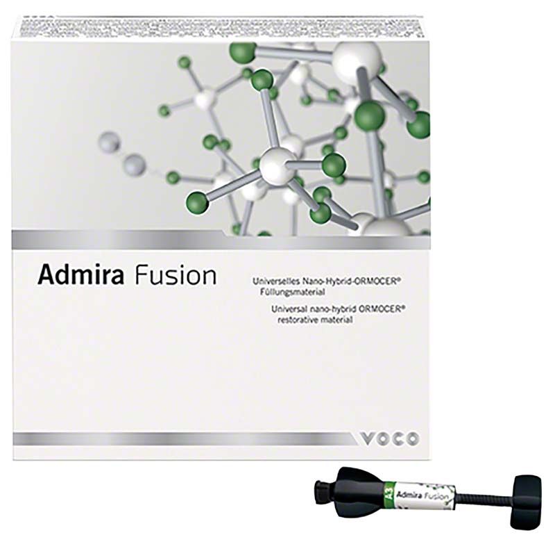 Admira® Fusion Spritze A3 mit Verpackung und Molekülgrafik.