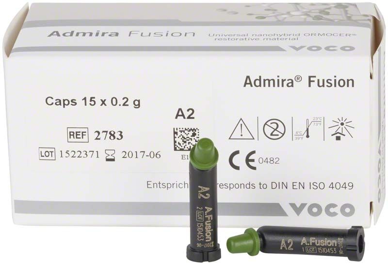 Admira® Fusion Caps A2, Zahnfüllmaterial mit Verpackung und Produktinformation.